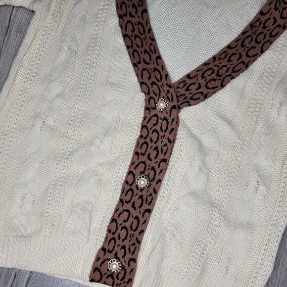 Vintage-Style cable Knit Cardigan With Leopard Print Trim Pearl Buttons S brown - Picture 4 of 5